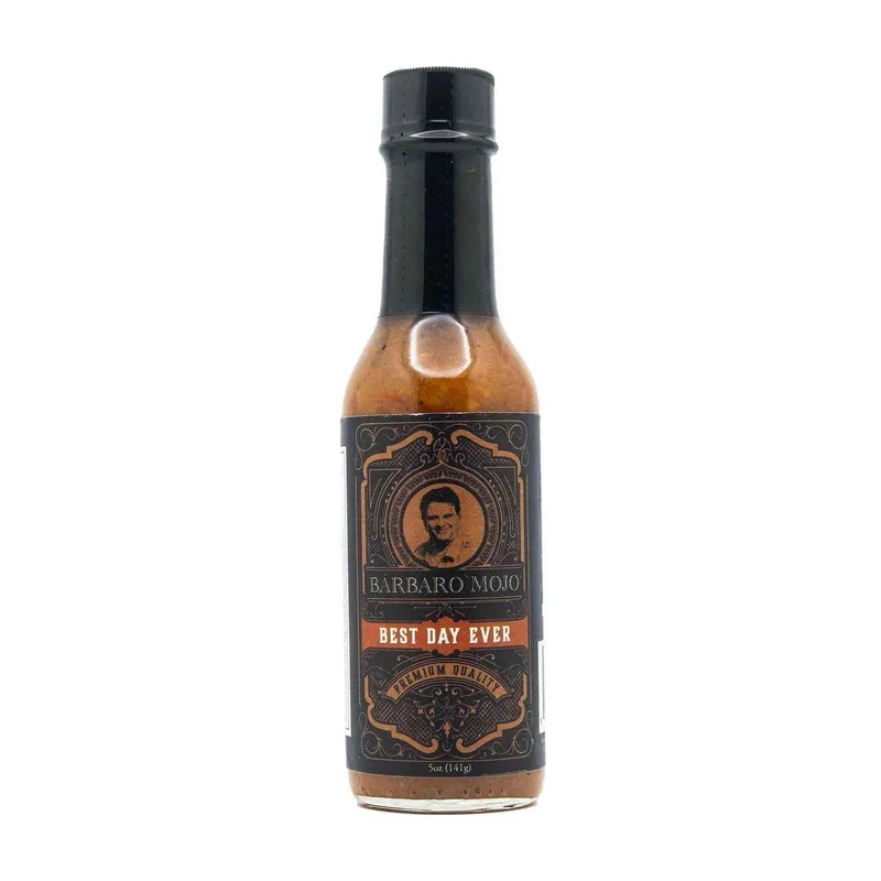 Barbaro Mojo Best Day Ever Cuban Hot Sauce: Mango Habanero Reaper by BarbaroMojo.com hot sauce bottle