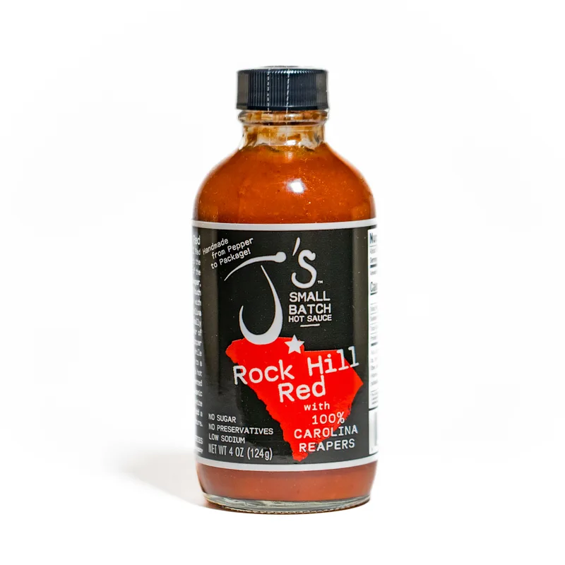 J's Small Batch - Rock Hill Red Hot Sauce (2oz) by California Hot Sauce Solutions hot sauce bottle