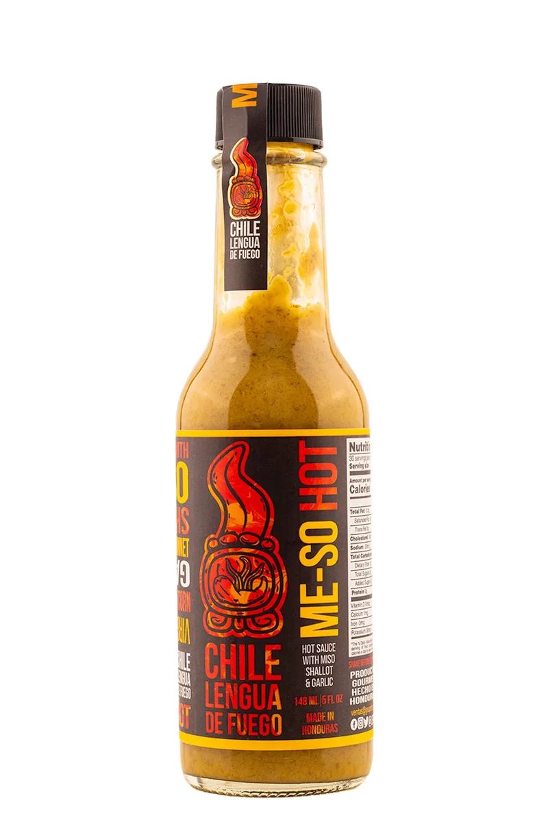 Me-So Hot Miso Shallot | Chile Lengua de Fuego hot sauce bottle