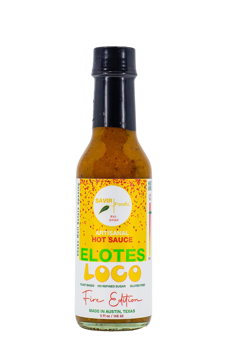 Elotes Loco Fire Edition | Savir Foods hot sauce bottle