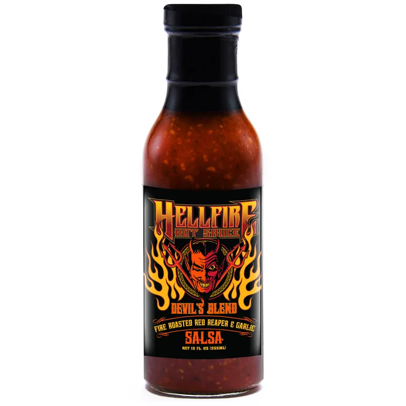 Devil's Blend - Fire Roasted Red Reaper & Garlic Salsa 12 oz by Hellfire Hot Sauce hot sauce bottle
