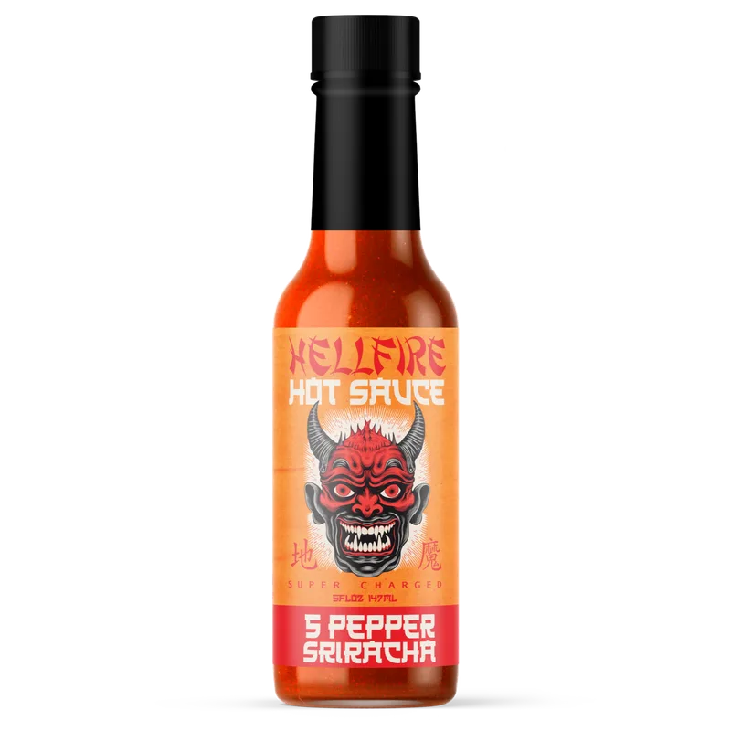 NEW! Hellfire 5-Pepper Blend Sriracha Sauce 5oz bottle by Hellfire Hot Sauce hot sauce bottle