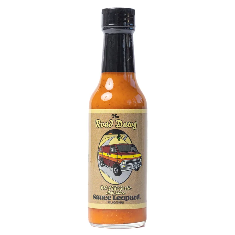 The Road Dawg - Red Chili Garlic Sauce by Sauce Leopard hot sauce bottle