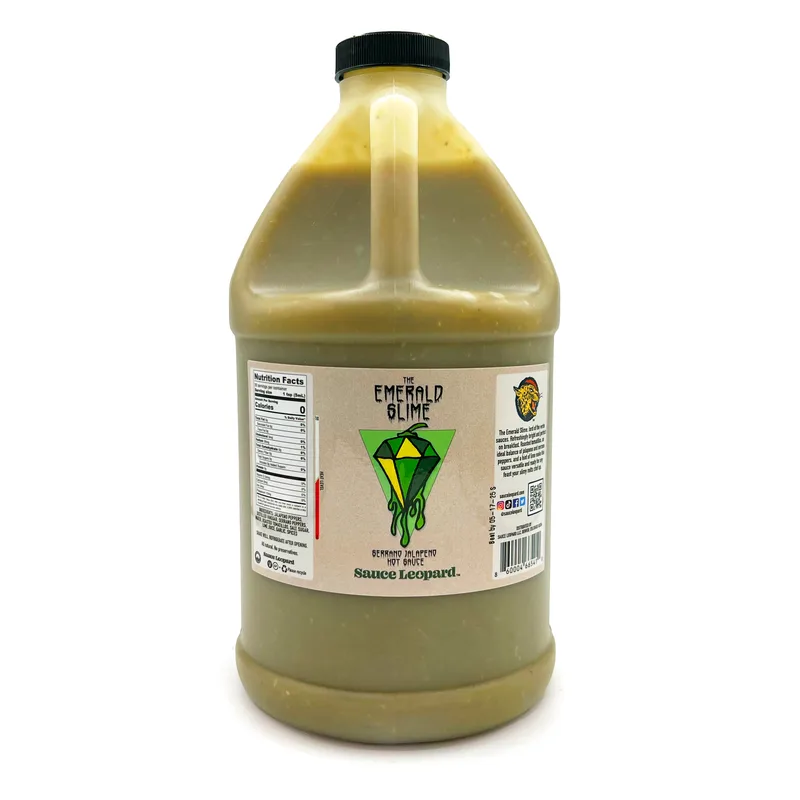 The Emerald Slime 1/2 Gallon Jug by Sauce Leopard hot sauce bottle