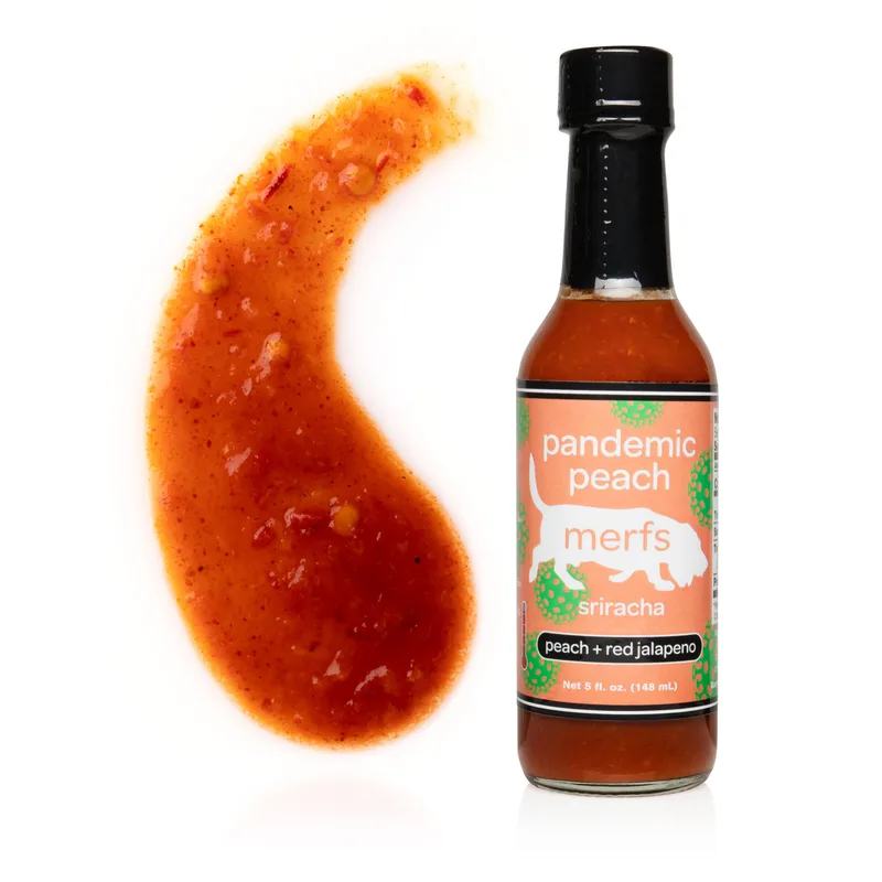 Merfs Pandemic Peach Sriracha by Merfs Condiments hot sauce bottle