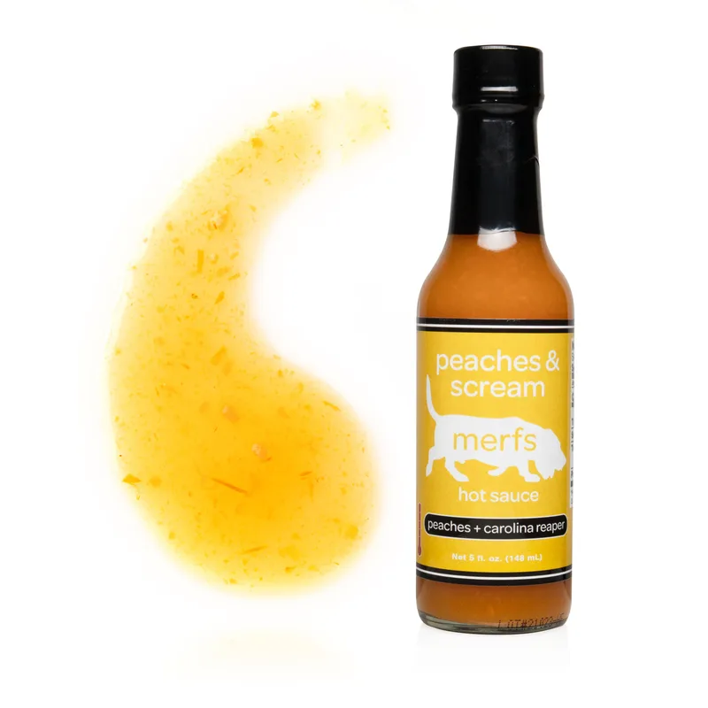 Merfs Peaches and Scream Hot Sauce by Merfs Condiments hot sauce bottle