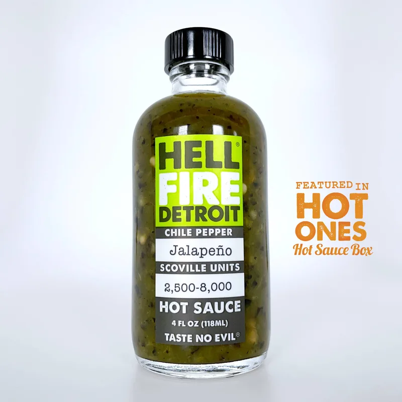 Hell Fire Detroit Jalapeño Hot Sauce hot sauce bottle