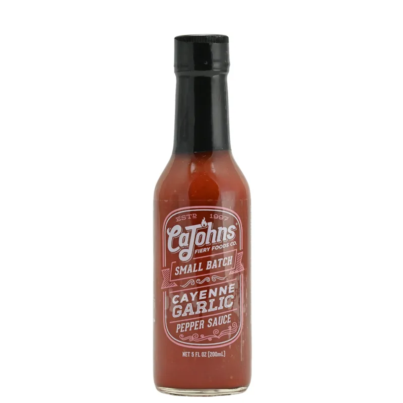 CaJohns Small Batch Garlic Cayenne Pepper Sauce by CaJohns Fiery Foods Co. hot sauce bottle