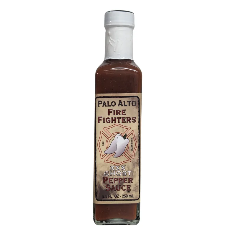 Palo Alto Firefighters XXX Ghost Pepper Sauce hot sauce bottle