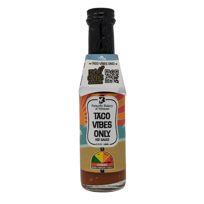Butterfly Bakery Taco Vibes Only Hot Sauce by Butterfly Bakery of Vermont hot sauce bottle