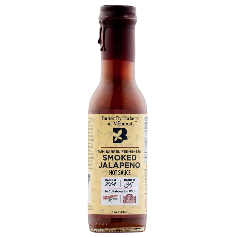 Butterfly Bakery Rum Barrel Fermented Smoked Jalapeno Hot Sauce by Butterfly Bakery of Vermont hot sauce bottle