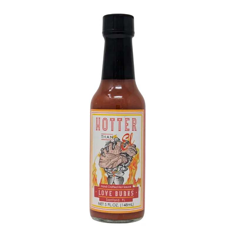 Hotter Than El Love Burns Hot Sauce hot sauce bottle