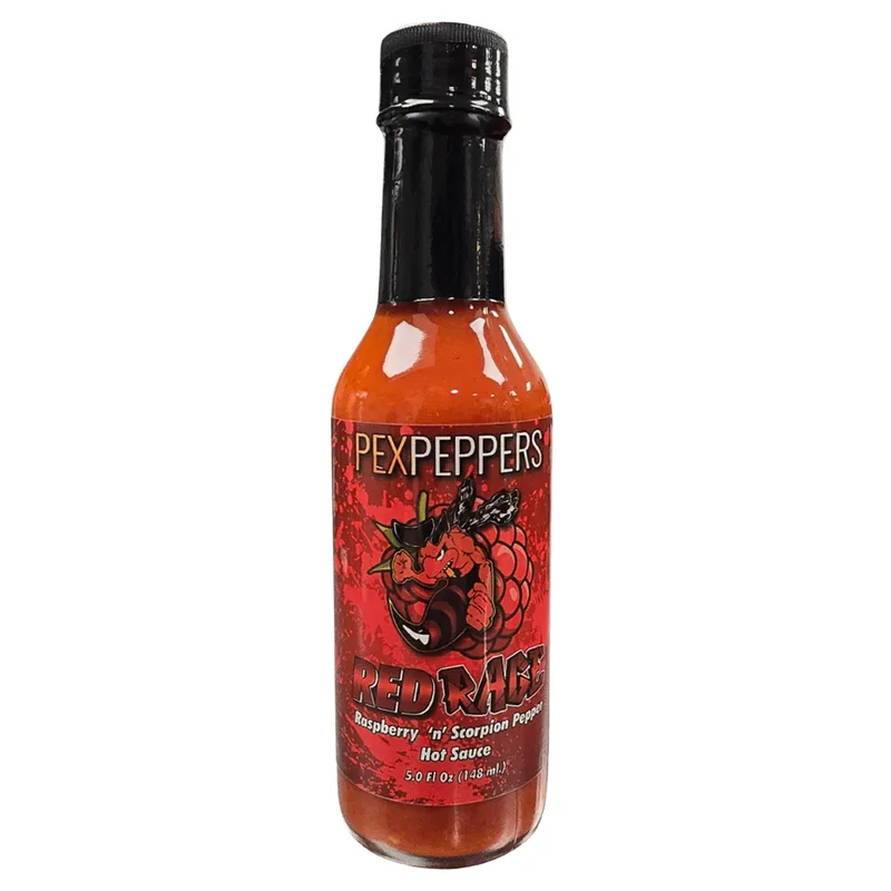 PexPeppers Red Rage Raspberry & Trinidad Scorpion Hot Sauce hot sauce bottle