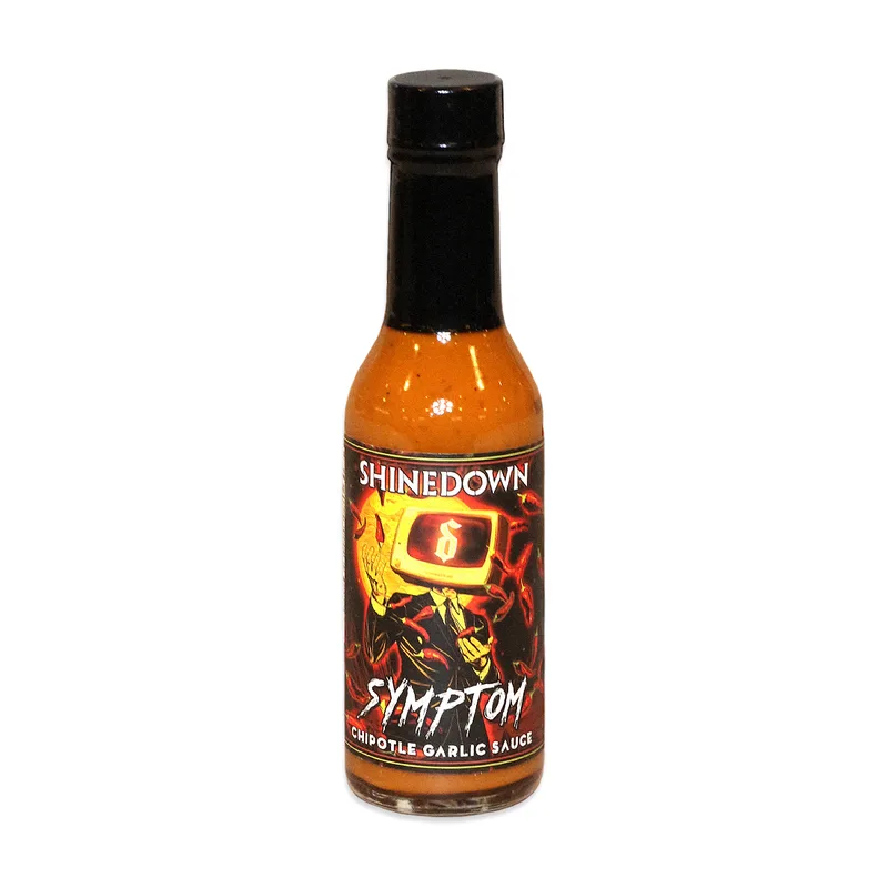 Torchbearer Shinedown's Symptom Chipotle Garlic Hot Sauce by Torchbearer Sauces hot sauce bottle