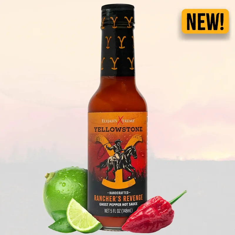 Yellowstone Ranchers Revenge - Ghost Pepper Hot Sauce by Elijah's Xtreme hot sauce bottle