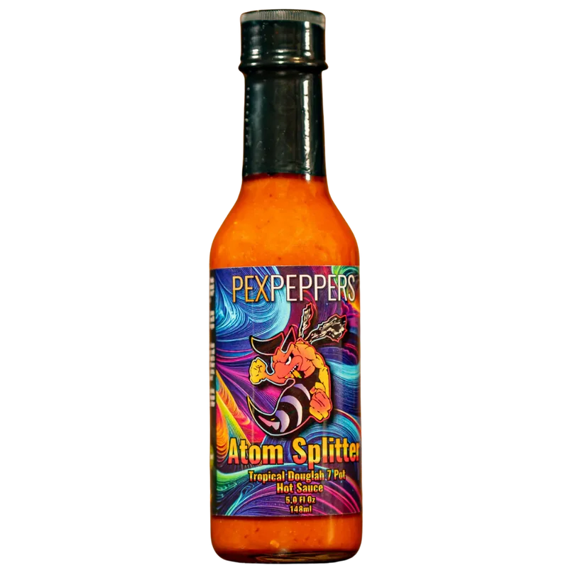 PexPeppers Atom Splitter Tropical Douglah Hot Sauce hot sauce bottle