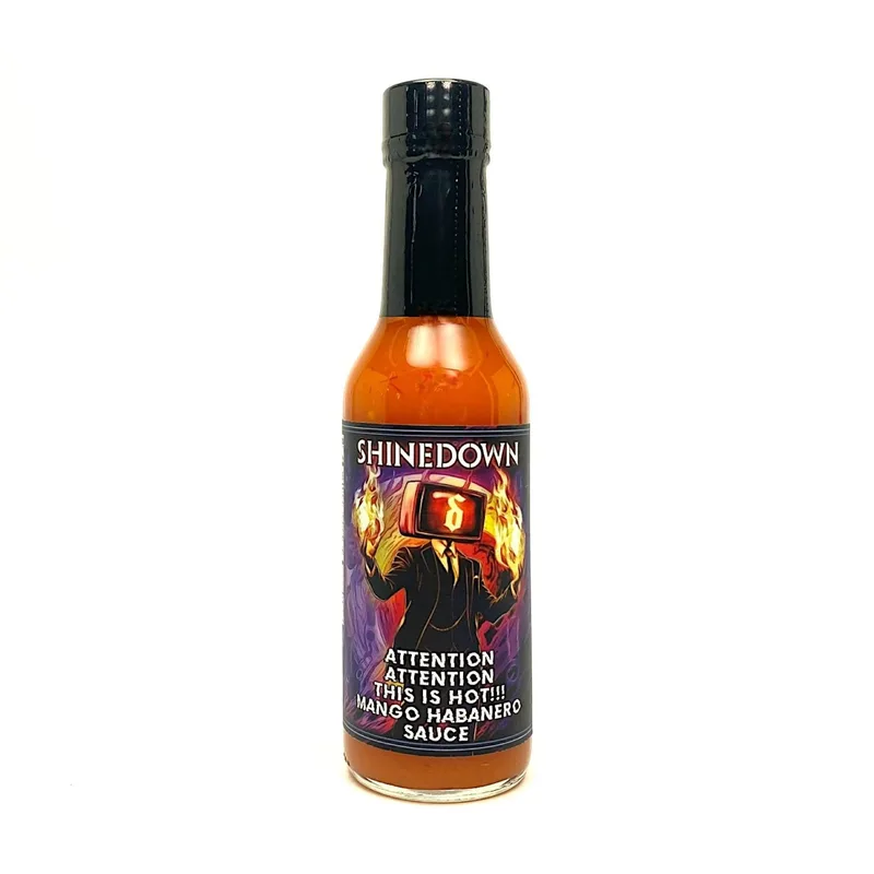 Shinedown’s Attention, Attention This is Hot!!! Mango Habanero by TorchBearer Sauces hot sauce bottle